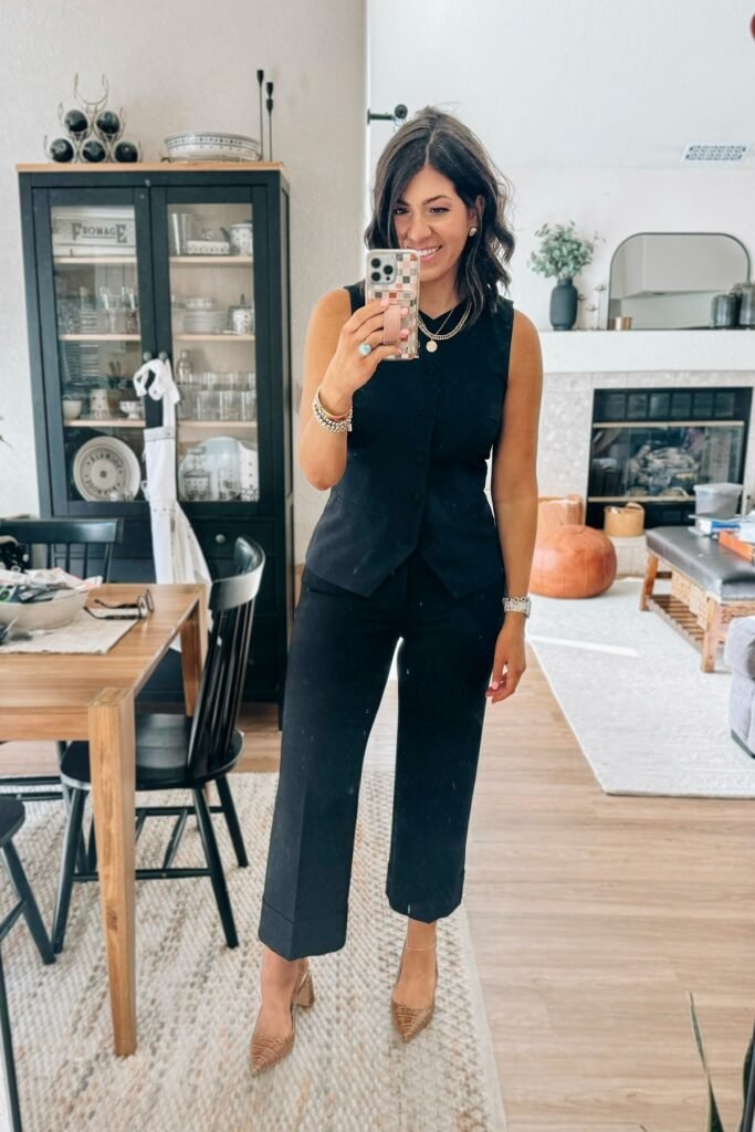 Black Sleeveless Button-Up Vest + Black Cropped Wide-Leg Trousers + Tan Pointed-Toe Heels