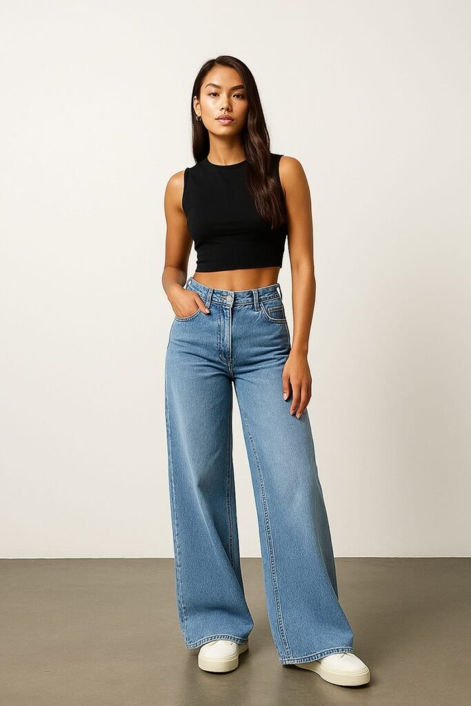 Black Sleeveless Crop Top + Medium Wash Wide-Leg Jeans + White Platform Sneakers