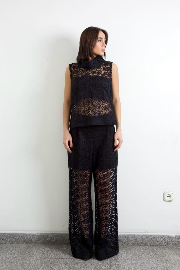 Black Sleeveless Lace Mock-Neck Top + Black Wide-Leg Lace Trousers