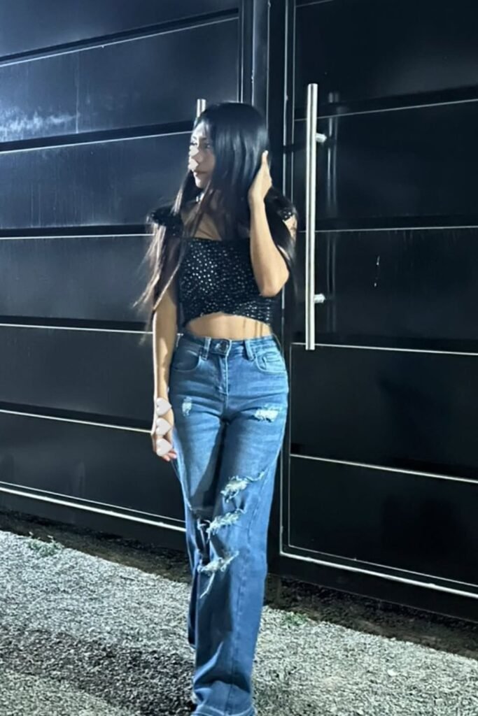 Black Sparkly Wrap Crop Top + Distressed Wide-Leg Jeans