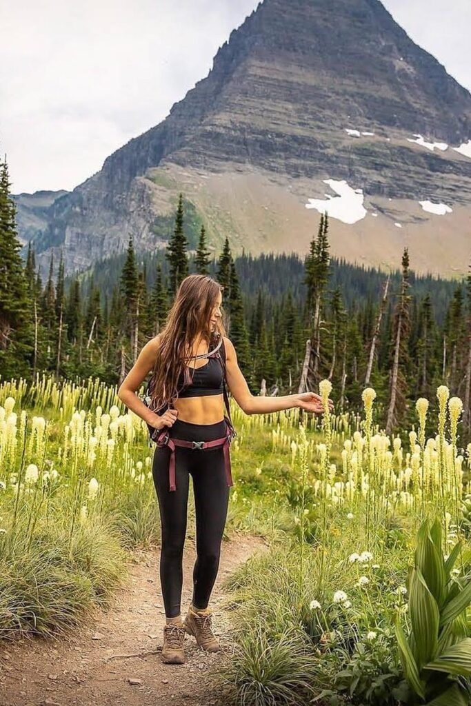 Black Sports Bra + Black Leggings + Brown Hiking Boots