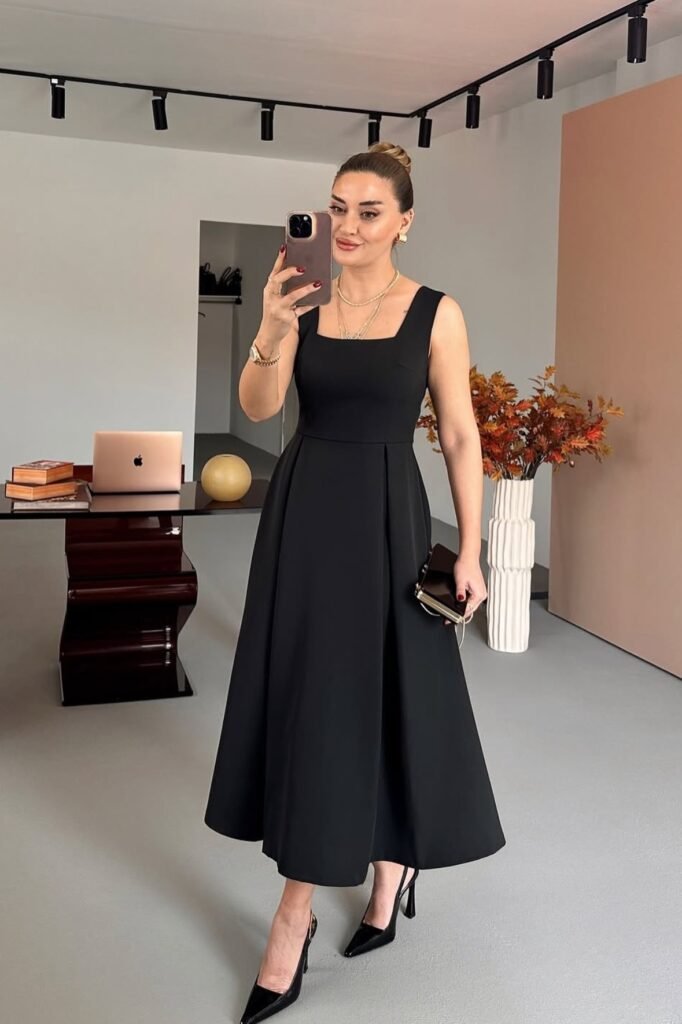 Black Square-Neck A-Line Midi Dress + Black Pointed-Toe Stiletto Pumps