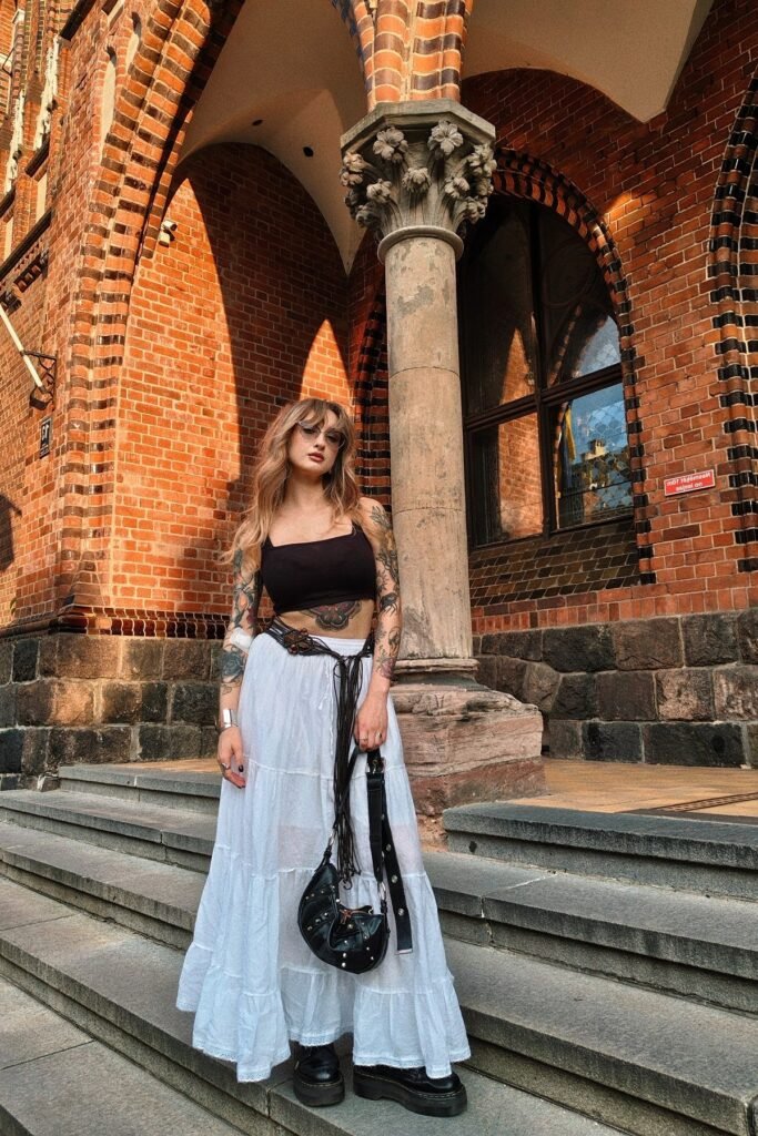 Black Square-Neck Crop Top + White Tiered Cotton Maxi Skirt + Black Platform Boots