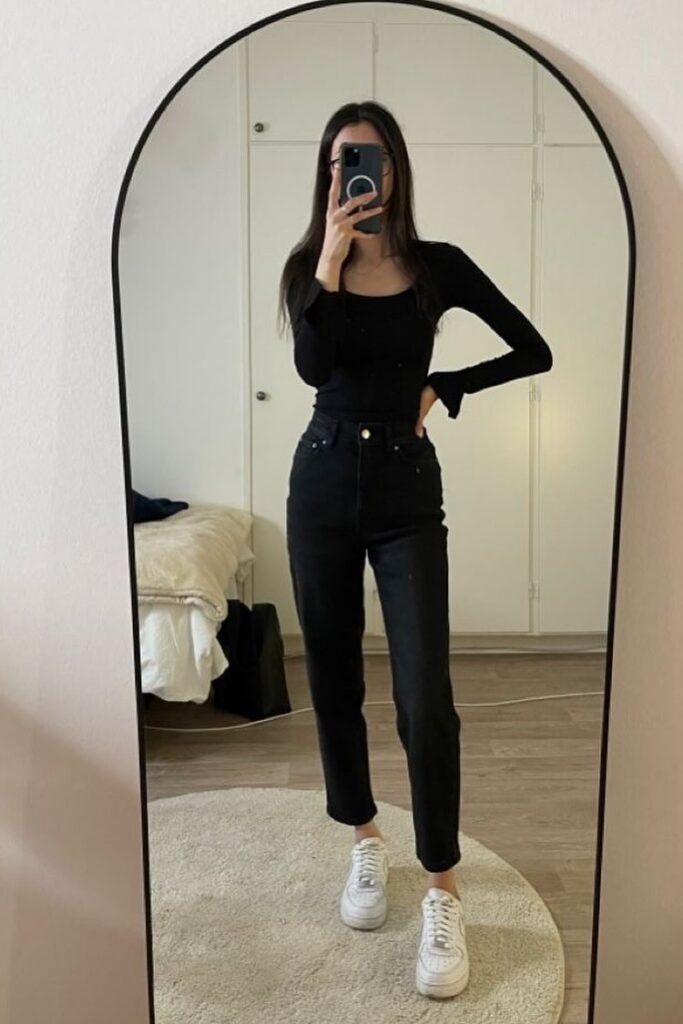 Black Square-neck Long-sleeve Top + Black Slim-fit Jeans + White Sneakers