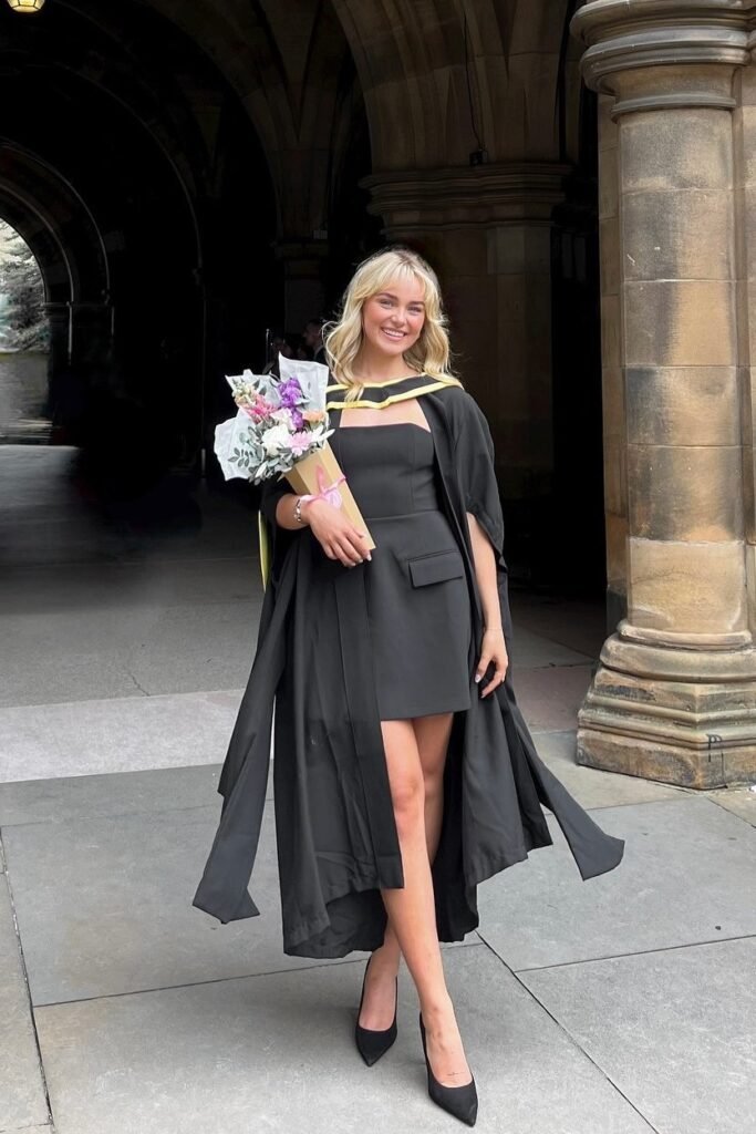 Black Strapless Mini Dress + Black Academic Gown + Black Pointed-Toe Pumps