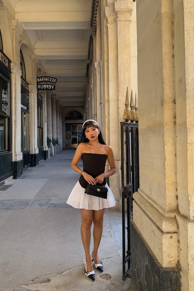 Black Strapless Tube Top + White Pleated Mini Skirt + Black and White Pointed Heels