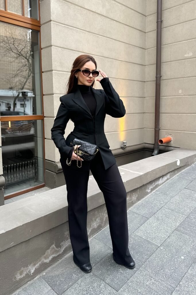 Black Structured Blazer + Black Turtleneck Top + Black Wide-Leg Trousers + Black Boots