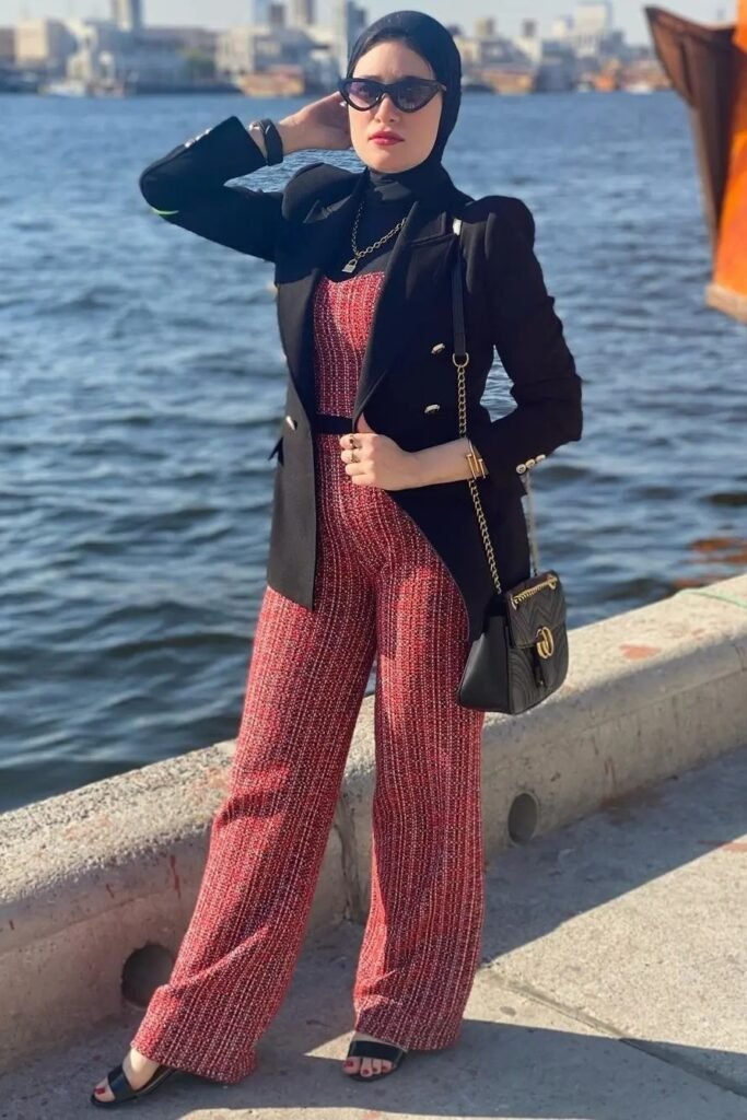 Black Tailored Blazer + Red Tweed Jumpsuit + Black Cat-Eye Sunglasses + Black Slide Sandals