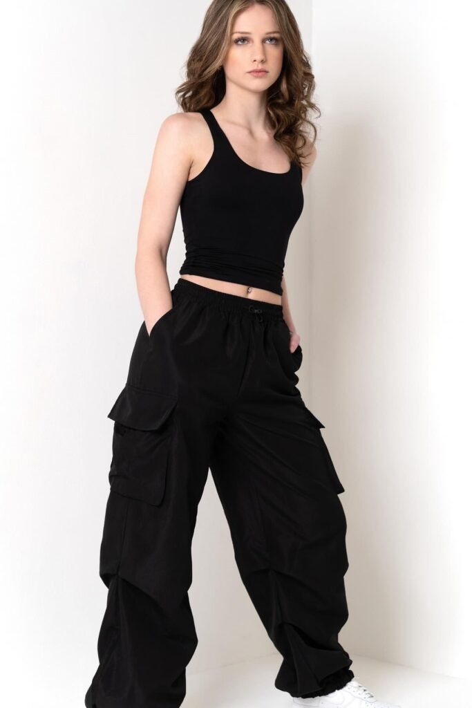 Black Tank Top + Black Baggy Cargo Pants + White Sneakers
