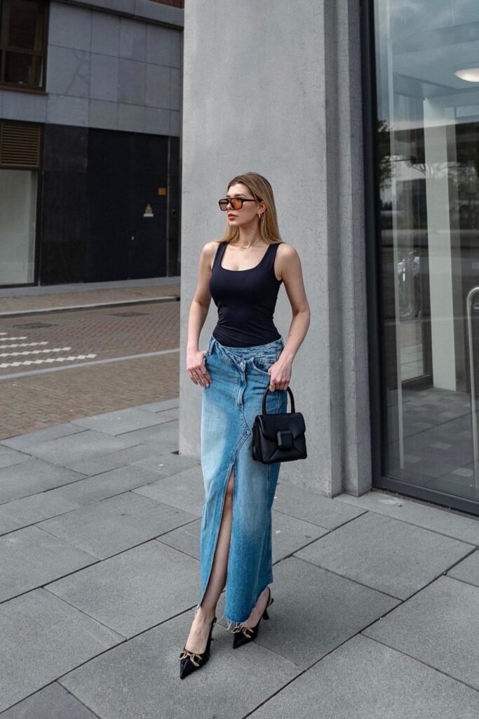 Black Tank Top + Long Denim Split Skirt + Black Pointed Heels
