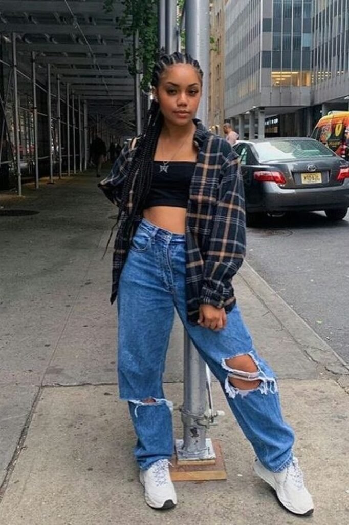 Black Tube Top + Dark Navy Plaid Shirt + Baggy Ripped Jeans + White Sneakers