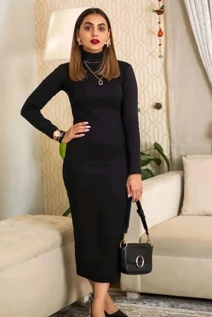 Black Turtleneck Long-Sleeve Bodycon Dress + Black Gold-Accent Handbag + Black Slingback Heels