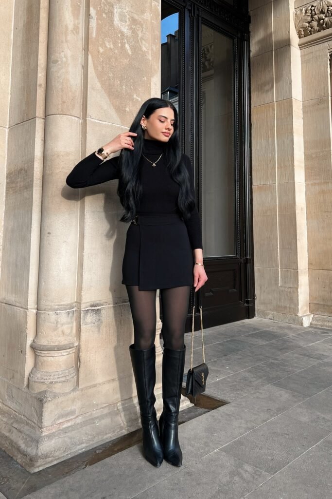 Black Turtleneck Sweater + Black Wrap Mini Skirt + Black Knee-High Pointed Boots