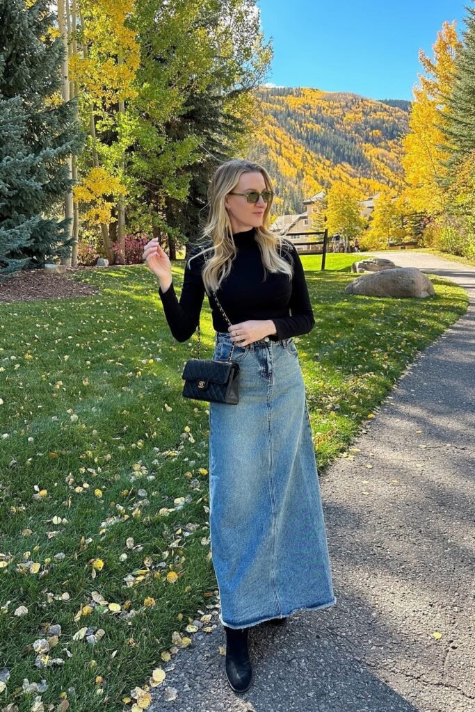 Black Turtleneck Top + Long Denim Skirt + Black Boots