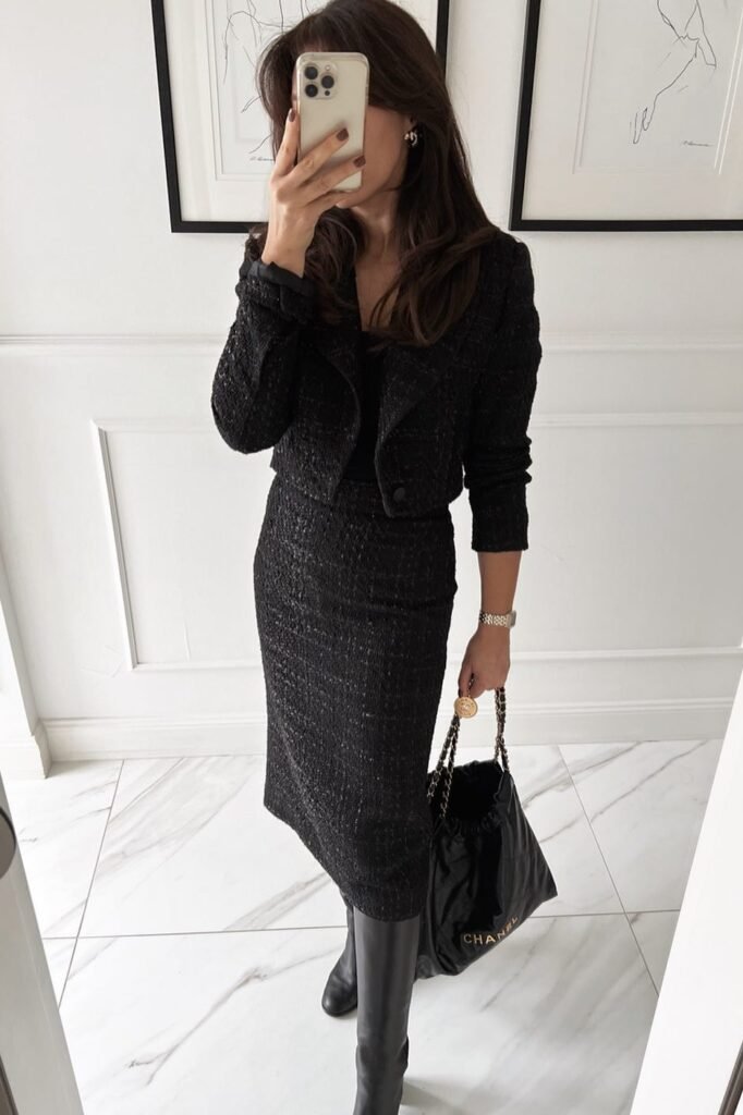 Black Tweed Cropped Blazer + Matching Black Tweed Pencil Skirt + Black Tall Leather Boots