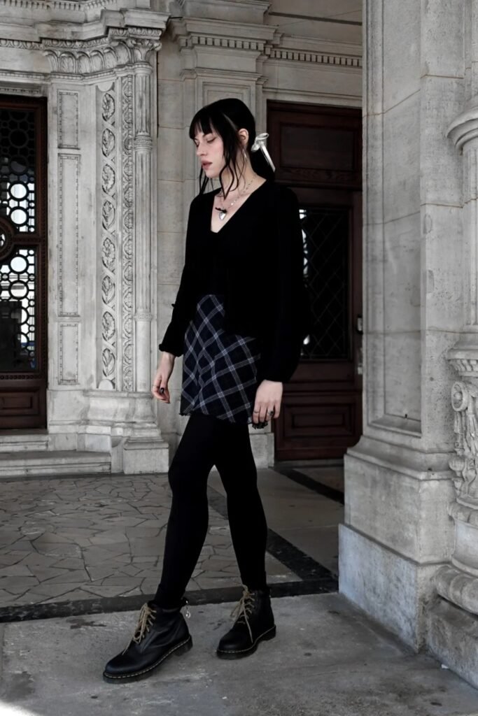 Black V-Neck Cardigan + Plaid Mini Skirt + Black Tights + Black Combat Boots