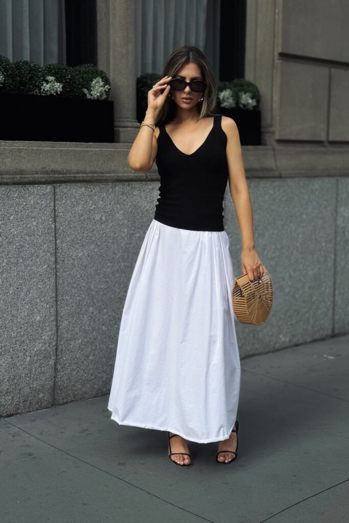 Black V-Neck Tank Top + White Maxi Skirt + Black Strappy Sandals
