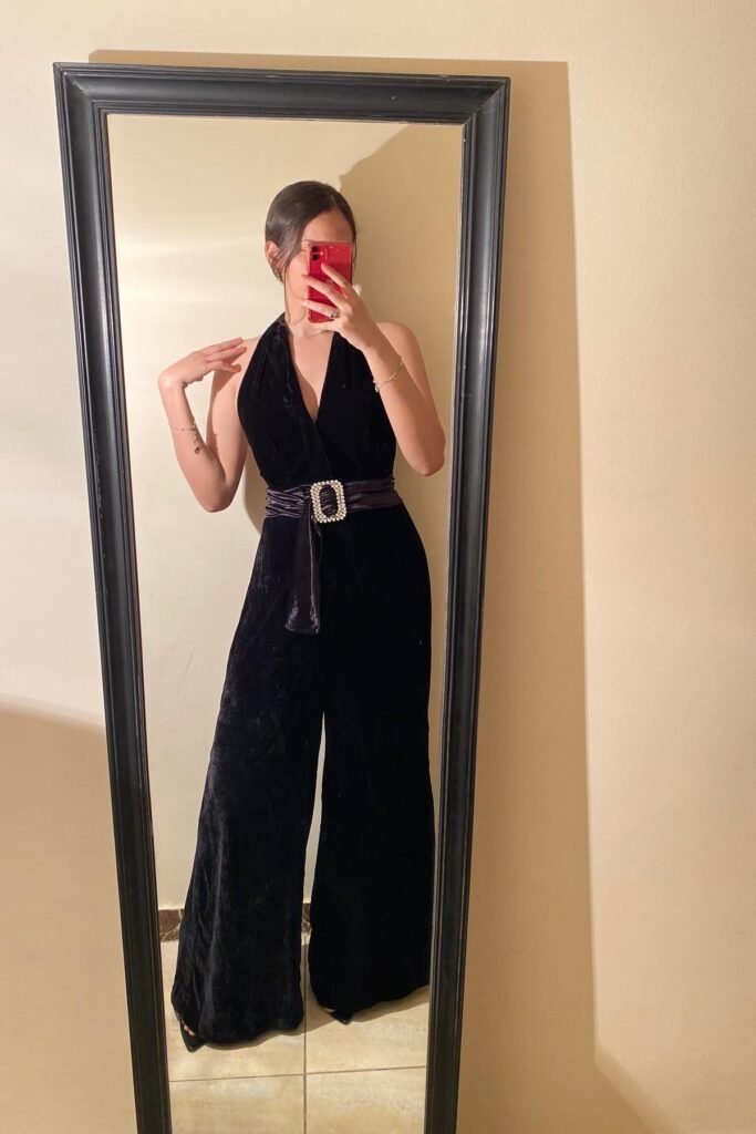 Black Velvet Halter Jumpsuit + Embellished Waist Belt + Black Heeled Sandals