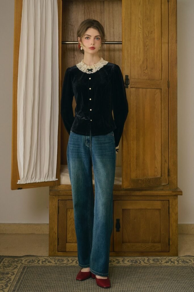 Black Velvet Lace-Collar Blouse + Wide-Leg Blue Jeans + Red Square-Toe Flats