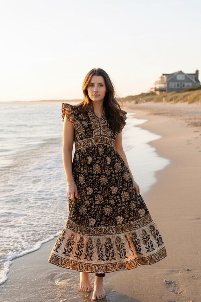 Black and Tan Botanical Print Cap-Sleeve Maxi Dress + V-Neckline + Ruffled Shoulders