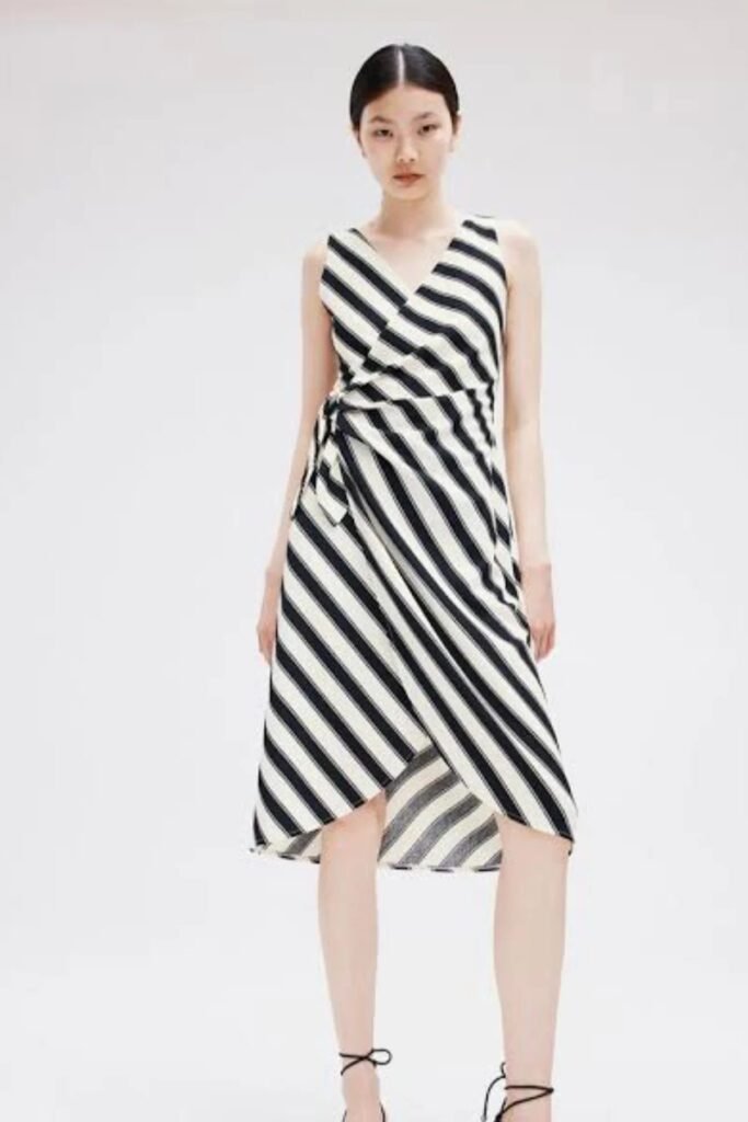 Black and White Diagonal Striped Wrap Dress + Black Lace-Up Heels