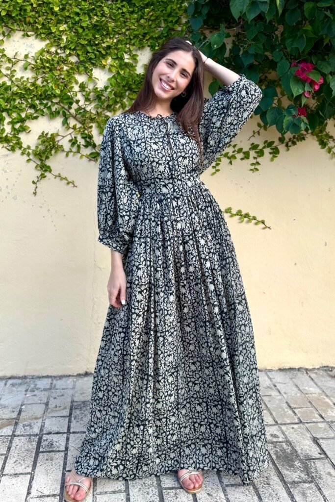 Black and White Floral Print Maxi Dress + Gold Strappy Sandals