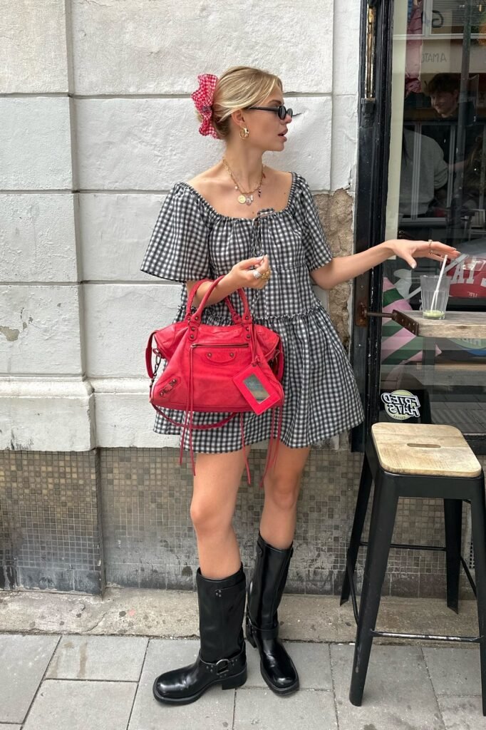 Black and White Gingham Babydoll Dress + Red Leather Moto Handbag + Black Knee-High Harness Boots