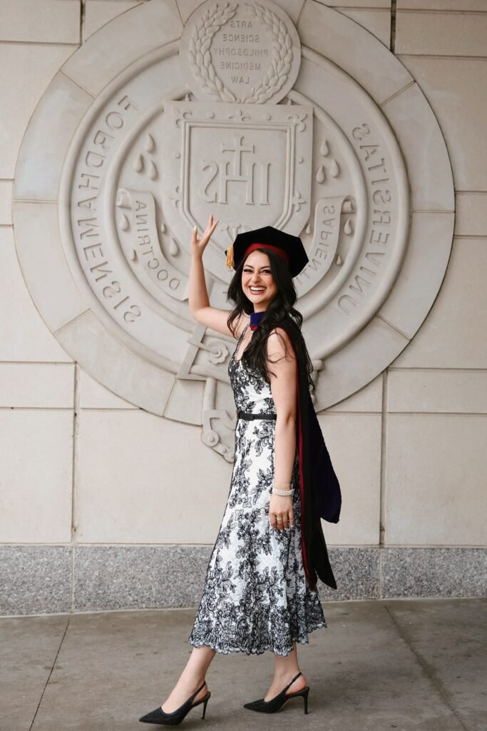 Black and White Lace Midi Dress + Black Slingback Heels + Graduation Hood