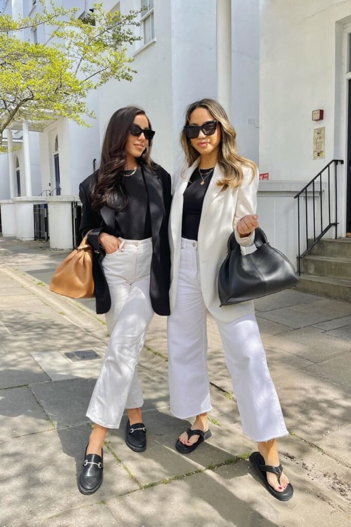 Black and White Oversized Blazers + White Cropped Wide-Leg Jeans + Black Loafers and Platform Sandals