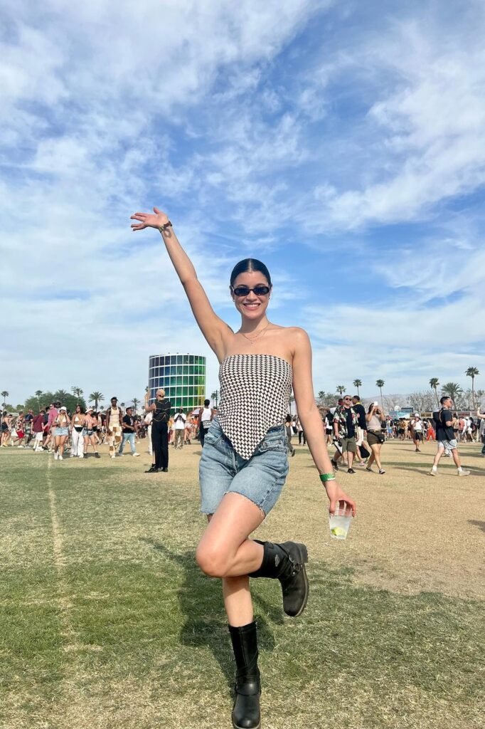 Black and White Patterned Scarf Top + Denim Shorts + Black Moto Boots