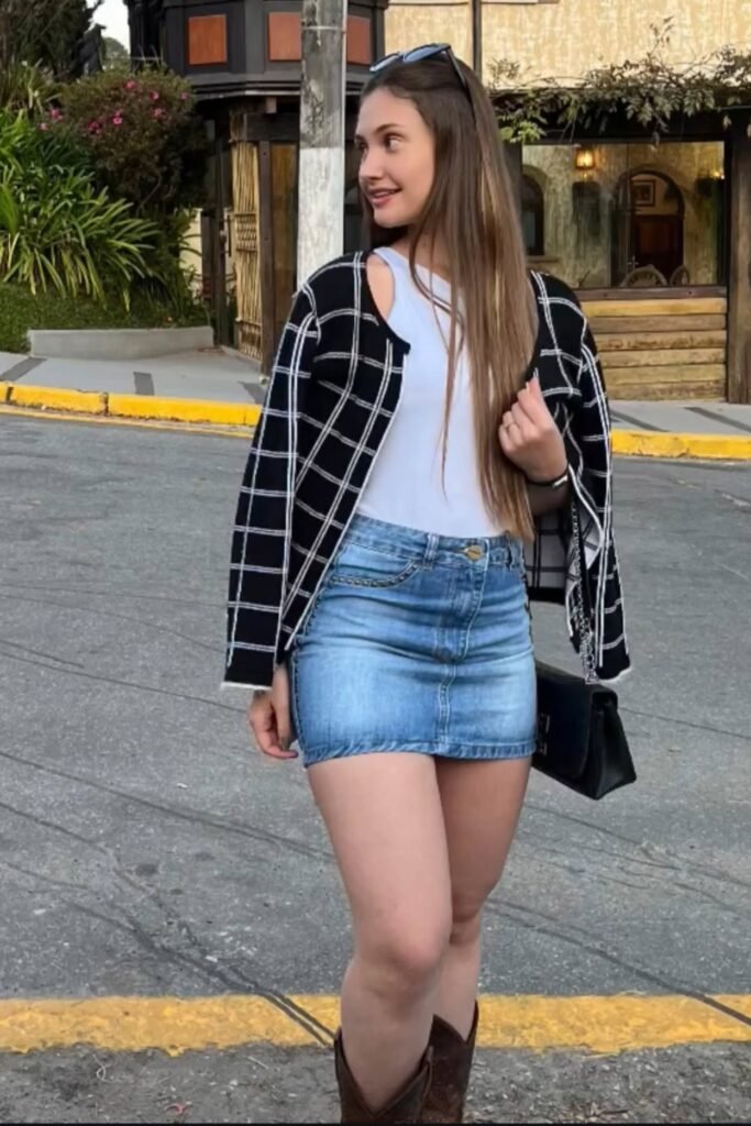 Black and White Plaid Cardigan + White Tank Top + Denim Mini Skirt + Brown Cowboy Boots