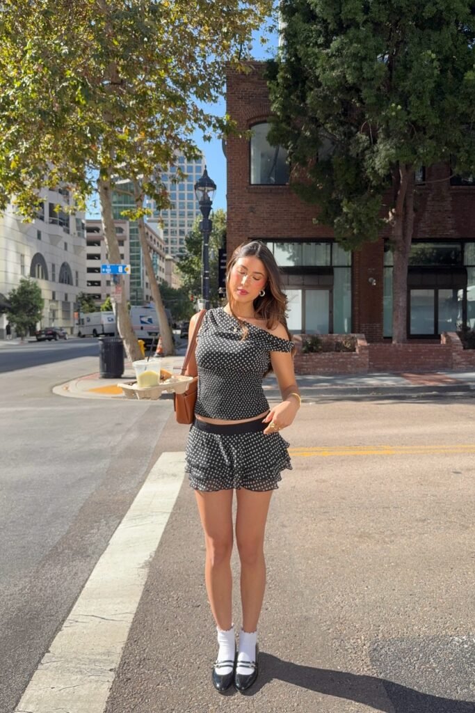 Black and White Polka Dot Off-Shoulder Top + Matching Ruffled Mini Skirt + White Ruffle Socks + Black Mary Jane Flats
