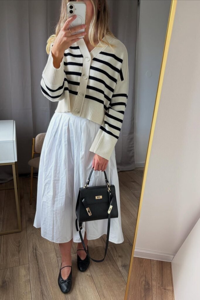 Black and White Striped Cardigan + White Pleated Midi Skirt + Black Ballet Flats