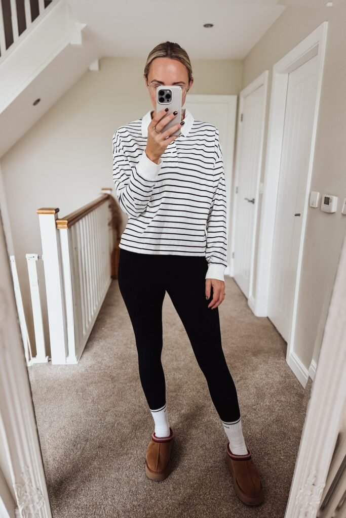 Black and White Striped Long-Sleeve Polo + Black Leggings + White Socks + Brown Platform Slippers