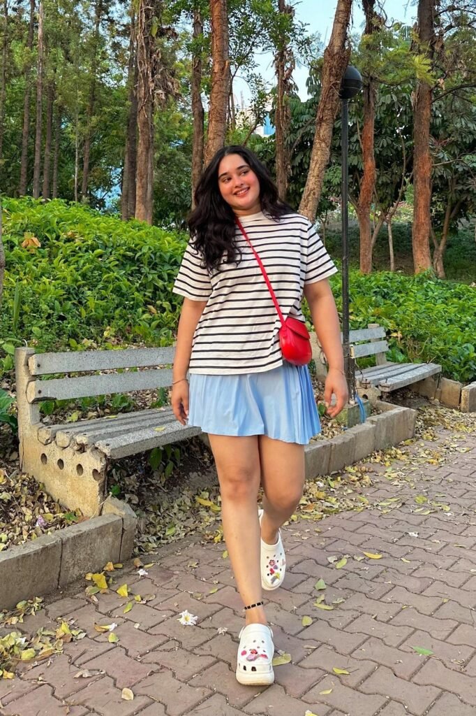 Black and White Striped T-shirt + Light Blue Pleated Mini Skirt + White Platform Clogs