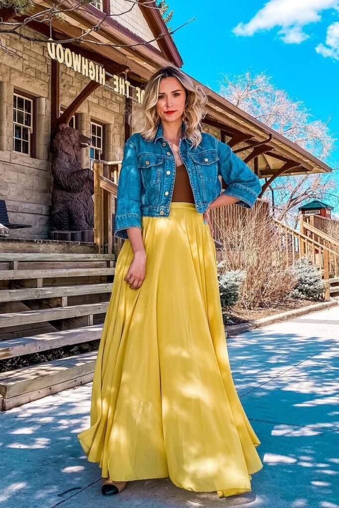 Blue Cropped Denim Jacket + Yellow Chiffon Maxi Skirt + Tan and Black Cap-Toe Flats
