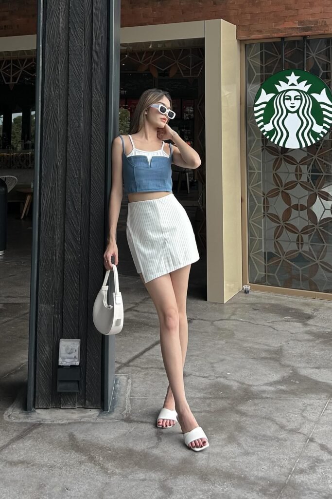 Blue Denim Corset Top + White Ribbed Tank Top + White Pinstriped Mini Skirt + White Square-Toe Slide Sandals