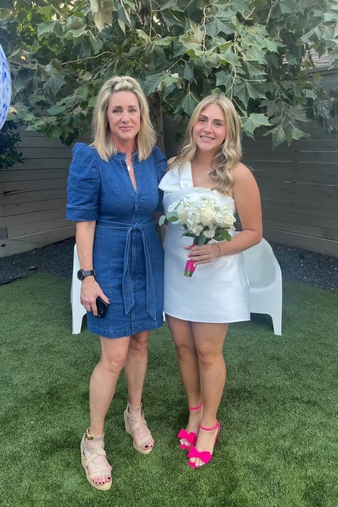 Blue Denim Puff-Sleeve Dress + Woven Wedge Sandals / White One-Shoulder Mini Dress + Hot Pink Bow Heels