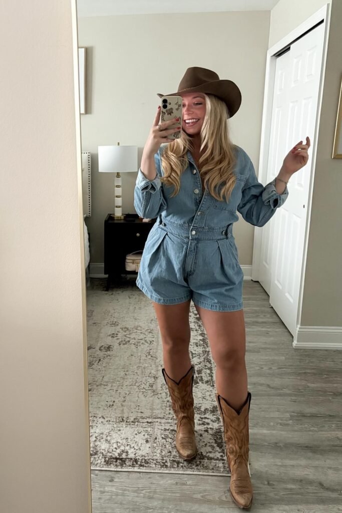 Blue Denim Romper + Brown Cowboy Hat + Brown Embroidered Cowboy Boots