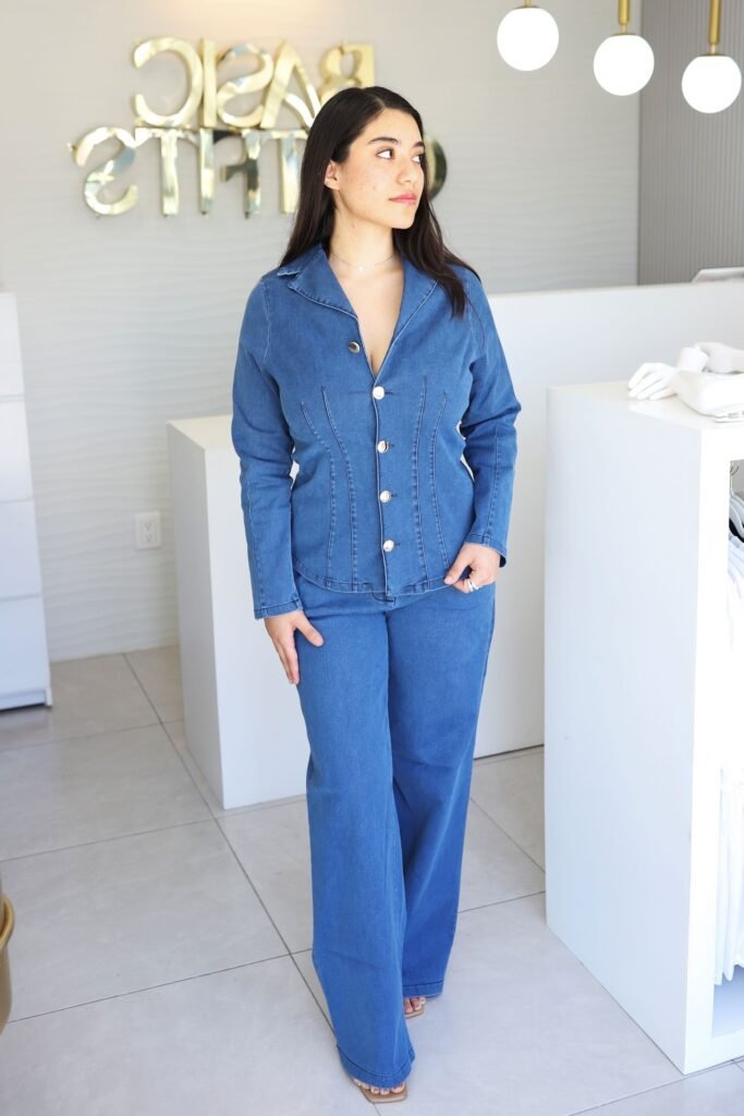 Blue Denim Structured Button-Up Jacket + Matching Wide-Leg Denim Trousers + Tan Square-Toe Sandals