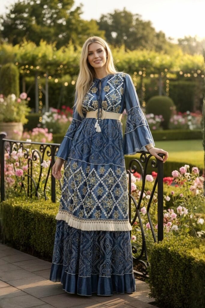 Blue Embroidered Tiered Maxi Dress + Bell Sleeves + Fringed Hem + Woven Waist Belt
