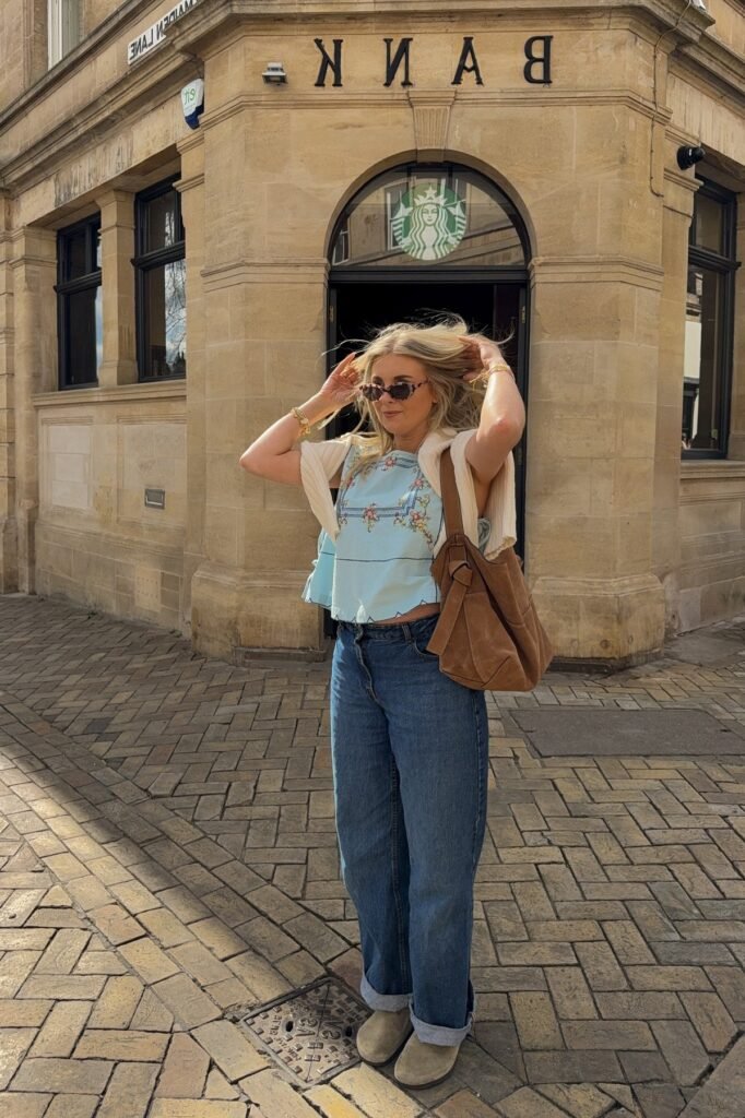 Blue Embroidered Top + Relaxed Blue Jeans + Beige Clogs