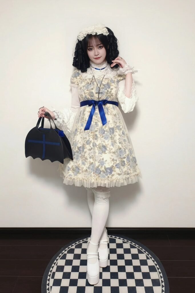 Blue Floral Lace Dress + White Thigh-High Socks + White Platform Mary Janes