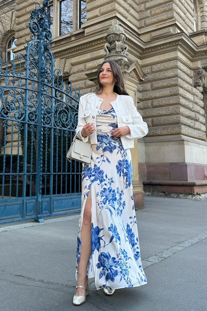Blue Floral Maxi Dress + White Tweed Jacket + Gold Mary Jane Heels + White Top-Handle Bag