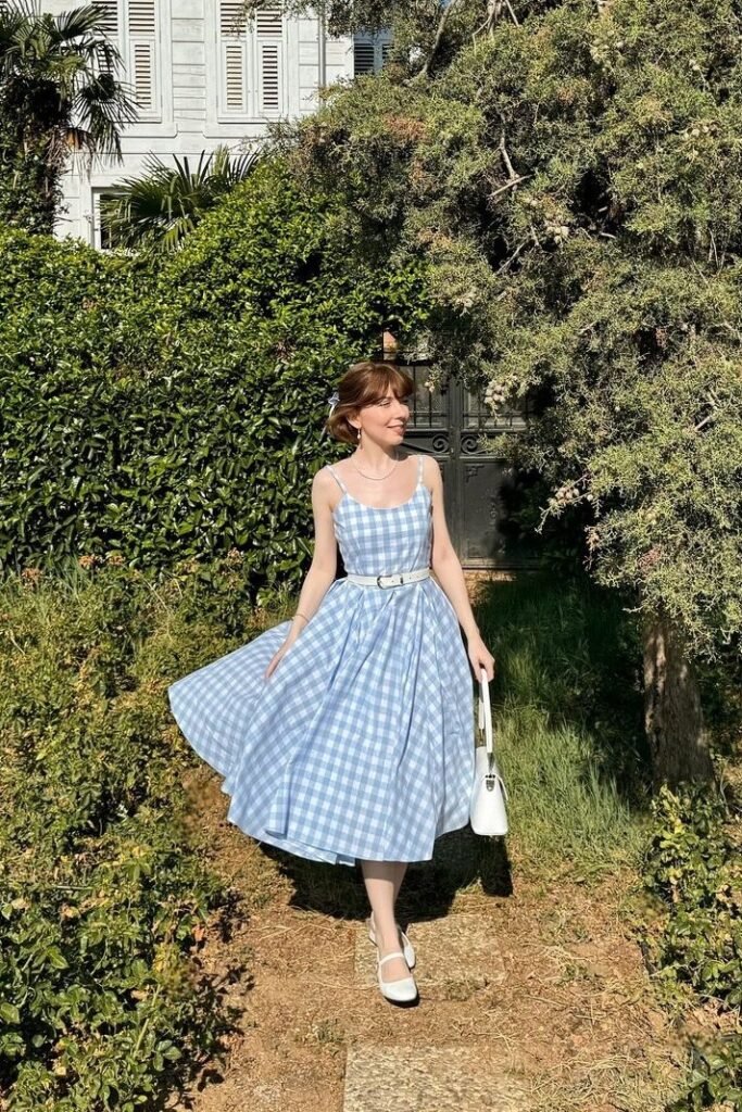 Blue Gingham Midi Dress + White Belt + White Mary Jane Flats