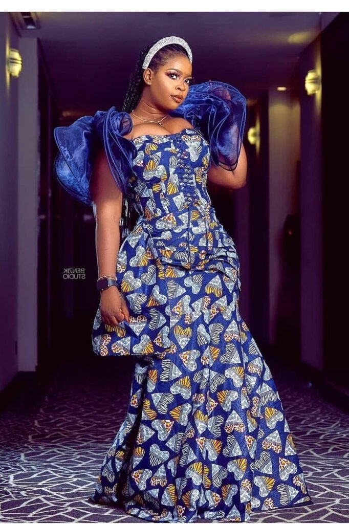 Blue Heart-Print Mermaid Gown with Dramatic Navy Organza Ruffled Shoulders + Silver Beaded Headband