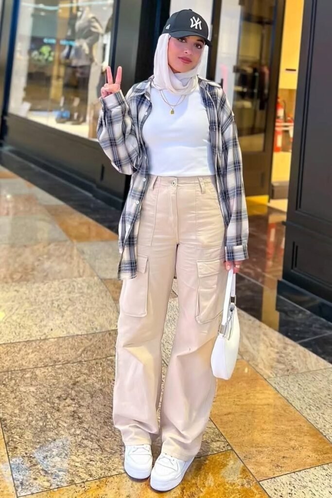 Blue Plaid Flannel Shirt + White T-Shirt + Beige Cargo Pants + White High-Top Sneakers