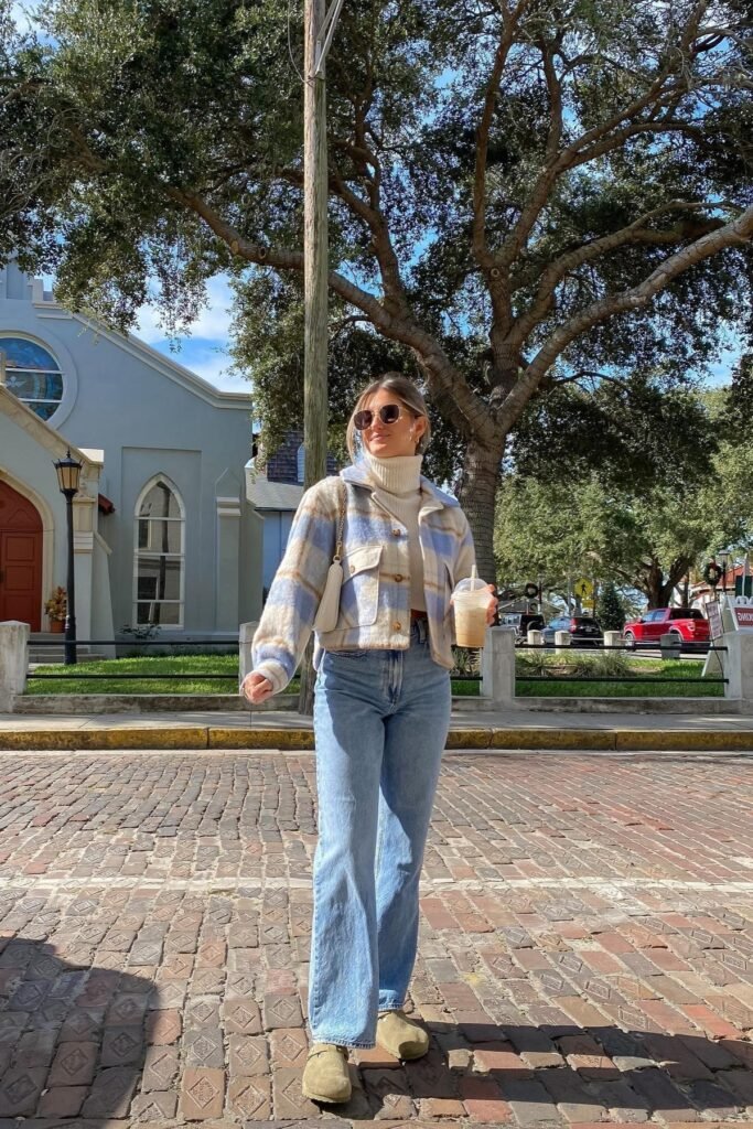 Blue Plaid Shacket + White Turtleneck + Light Wash Straight-Leg Jeans