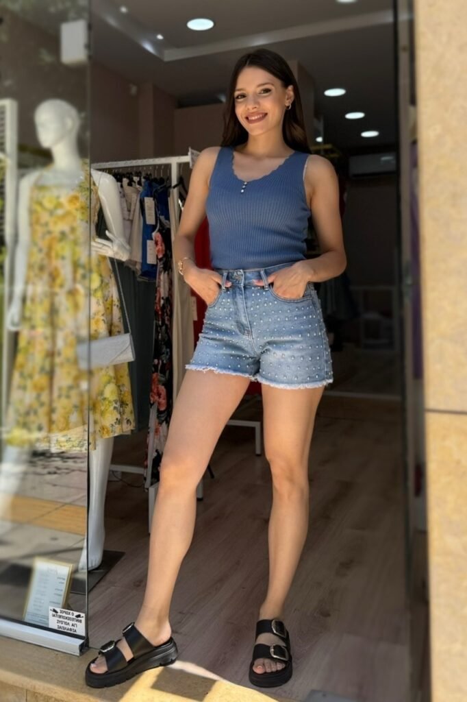 Blue Ribbed Tank Top + Pearl-Embellished Denim Shorts + Black Double-Strap Platform Sandals