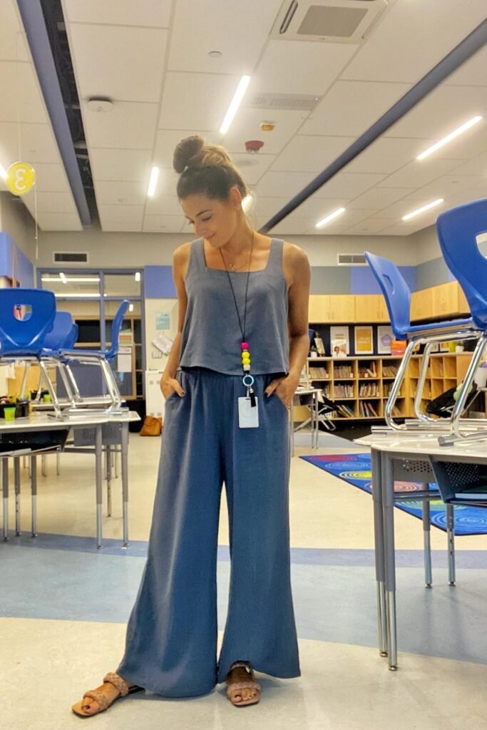 Blue Sleeveless Square-Neck Top + Matching Blue Wide-Leg Trousers + Tan Braided Sandals